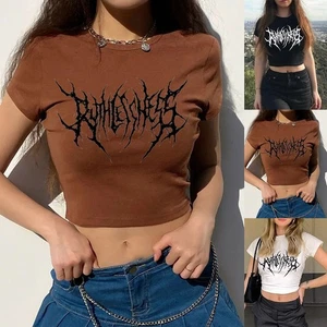 Women Summer Gothic Slim Fit T Shirt with Short Sleeves for Casual Looks - Picture 1 of 16