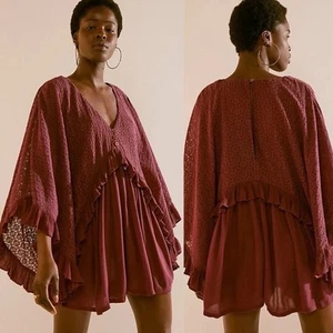 Free People As You Are Romper Dry Rose V Neck Button Crochet Lace Ruffle XS - Picture 1 of 13