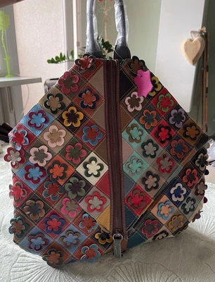 Rucksack • Leder • Bunt • Vera Pelle • 3 D Blumen • Groß • Mega! • Neu! - Bild 1 von 4