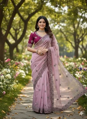 Indian Bollywood Soft Silk Saree Wedding Party Wear Sari With Full Stitch Blouse - Image 1 of 4