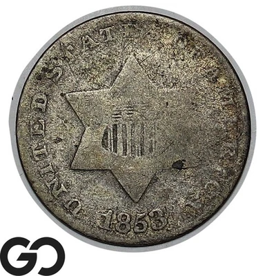 1853 Three Cent Silver Piece, Tough Collector Type Coin - Image 1 of 3