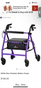 Brand New Nova Vibe 6S Steel Folding Mobility Rolling Walker Rollator - Purple - Picture 1 of 1