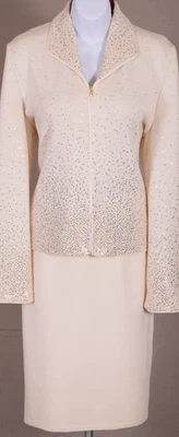 ST.JOHN Women's Cream Silver Gold Sequins Studs Rhinestone Jacket Skirt Sz 12 - Image 1 of 4