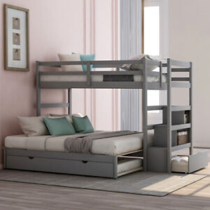 Twin Over Twin/King Bunk Bed with Twin Size Trundle, Drawers and Shelves in Gray