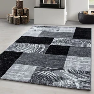 Modern Wohnzimmer Teppich Abstrakt Kariert Design Schwarz-Grau-Weiß Pflegeleicht - Bild 1 von 5