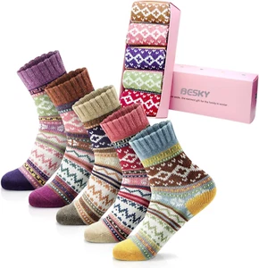 5 Pairs Winter Wool Socks Women, Knit Thick Wool Soft Warm and Breathable Cozy S - Picture 1 of 9