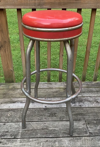 Vtg Chrome Bar Stool MCM-COSCO Swivel-Spin 50’s RED-Padded-Vinyl-Retro-OHIO Cover