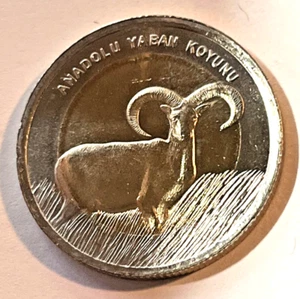 2015 Turkey 1 lira Bimetallic Coin Anatolian Mouflon Wild Sheep Ram Wildlife - Picture 1 of 2