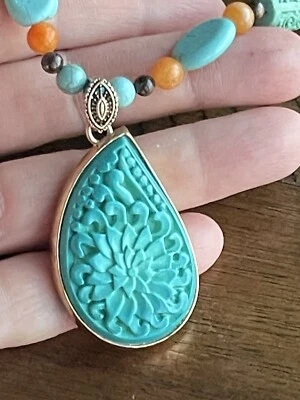 "Collar colgante tallado azul barsa cuentas turquesa cornalina bronce 21""+2""" Foto 1 de 4