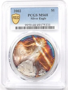 2002 Silver Eagle Gorgeous Monster Rainbow Blue/Orange Toning! PCGS MS68 PC1713 - Picture 1 of 2