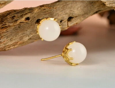 D11 Orecchini a Farfalla Corona Con Giada 925 Argento Sterling Placcato Oro - Immagine 1 di 3