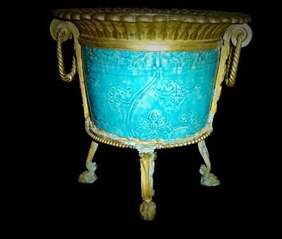 Antique Chinese Ming Fahua Type Glaze Bowl Bronze Mounted Planter Jardiniere.  - Image 1 of 4