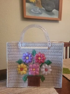 Vintage Mid-Century clear Plastic Purse with Bouquet of Flowers.  Excellent Cond - Picture 1 of 6