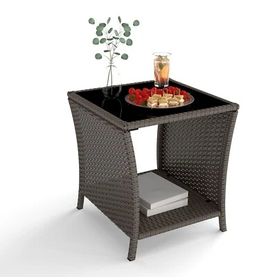 Mesa auxiliar pequeña de exterior muebles de mimbre con tapa de vidrio templado, color sésamo Foto 1 de 4