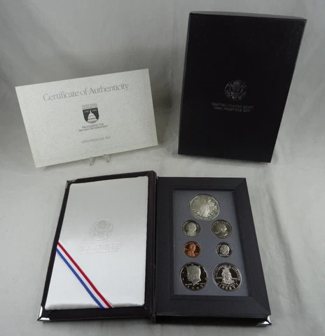 1989-S US Mint Prestige Proof Set Olympiad Silver Dollar Box & COA 7 Coins Cover