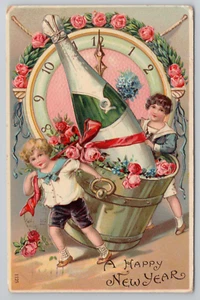 Boys Carrying Large Champagne Bottle 12 O'clock New Year Postcard Postmark 1908 - Picture 1 of 6