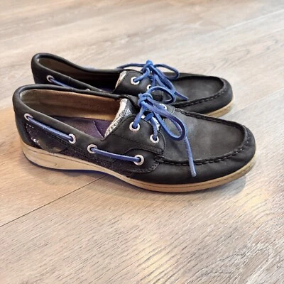 Sapatos femininos Sperry Topsider barco 7,5 couro preto peixe azul estampa de zebra casual - Imagem 1 de 4