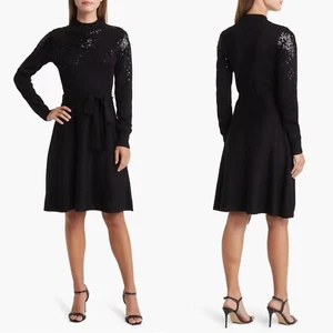 NEW VINCE CAMUTO Black SEQUIN Belted LONG SLEEVE Sweater Fit & Flare DRESS S - Picture 1 of 15