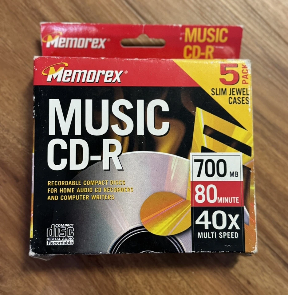 New 5 Pack Slim Jewel Cases Memorex Recordable Music CD-R 700MB 80 Min 40x NOS - Image 1 of 3