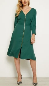 Sosandar Green Zip Front Fit & Flare Dress Long Sleeve Size 10 - Picture 1 of 8