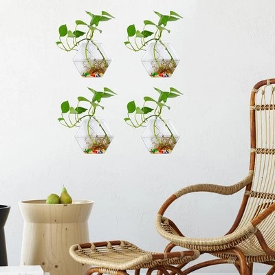 Set of 4 Clear Geometric Hexagonal Glass Vases for Wall Hanging Terrarium - Image 1 of 4