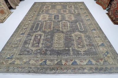 Alfombra gris estilo Balochi 9 x 12 pies alfombra afgana anudada a mano alfombra de lana teñido vegetal Foto 1 de 4