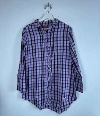 Camisa Betsey Johnson Intimates para mujer púrpura a cuadros con volantes delanteros abotonados mediana Foto 1 de 4