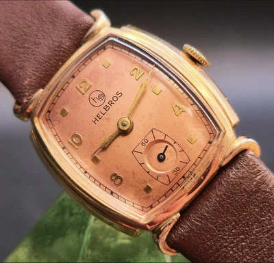 复古 HELBROS 手动上发条 1940 年代美国粉红色复古男士手表 带优质设计! — 第 1/3 张图片