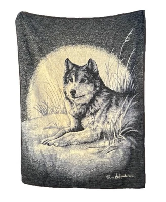 "Manta reversible vintage Biederlack EE. UU. 58 x 72"" lobo solitario noche iluminada por la luna" Foto 1 de 4