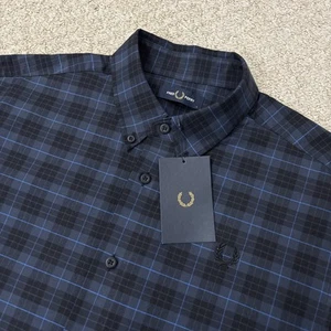 BNWT Fred Perry Shirt Mens Large L Midnight Blue Long Sleeve Tartan Check Mod - Picture 1 of 13