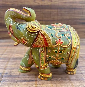 Stein Elefant Statue 5" Natur Jade Edelstein Handarbeit Malerei Wohnkultur Geschenk - Bild 1 von 5