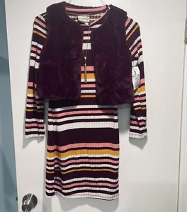 NWT Rare Editions Striped Dress Set 3 Piece. Faux Fur Vest and Necklace Sz 12 - Picture 1 of 5
