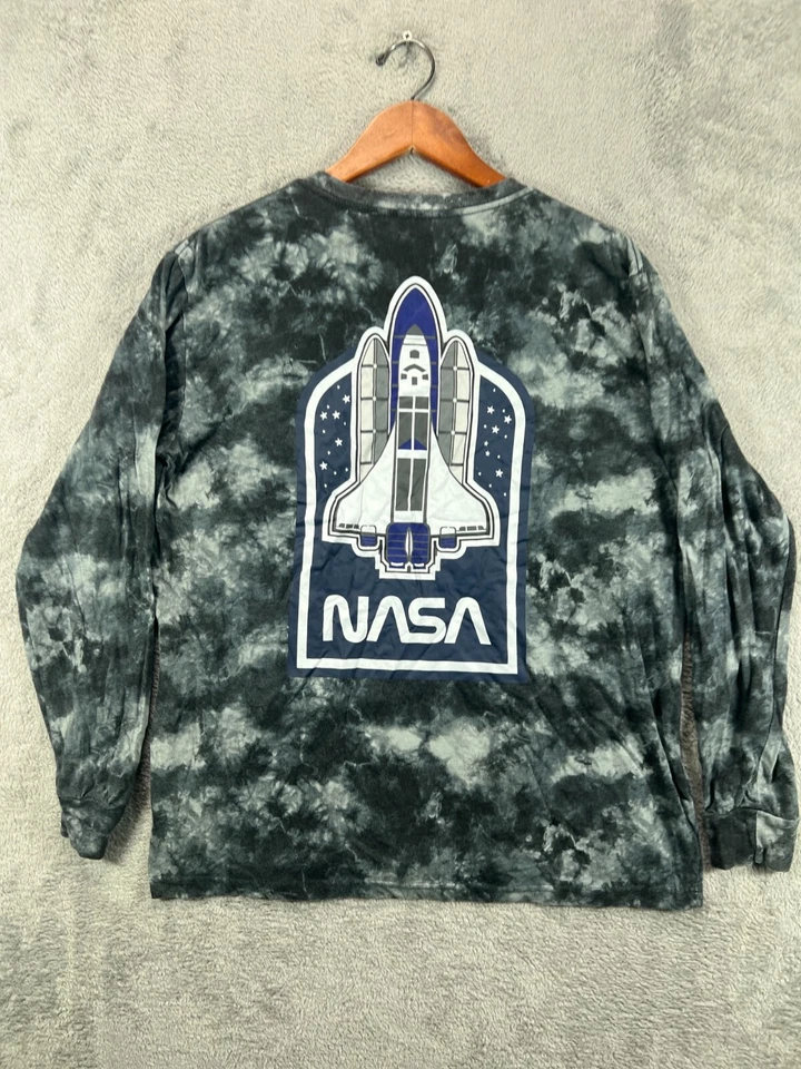 HYPER SPACE Mens Large NASA T Shirts Long Sleeve Gray Tie Dye Crew Graphic Logo - Image 1 of 4