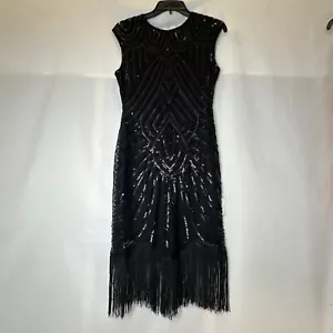 SM Great Gatsby 1920s Flapper Dress Beaded Sequin Fringe Black Dance Retro - Picture 1 of 7