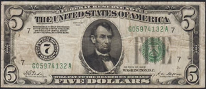 Fr.1950-G 1928 Chicago $5 Gold on Demand Numeric Seal Federal Reserve Note Fine - Picture 1 of 2