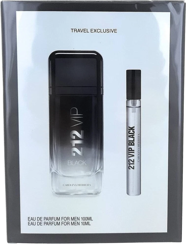 Carolina Herrera 礼品套装 212 VIP 黑色 2 件 3.4 盎司 EDP + 10ml EDP 男士旅行 — 第 1/1 张图片