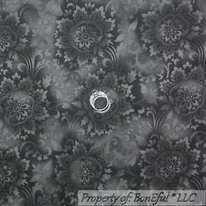 BonEful Fabric FQ Cotton Quilt Black Gray Flower Toile Damask VTG Garden Cottage - Picture 1 of 13