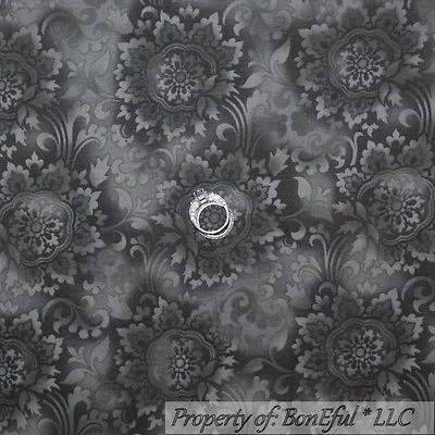 BonEful Fabric FQ Cotton Quilt Black Gray Flower Toile Damask VTG Garden Cottage - Image 1 of 4
