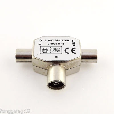 PAL TV IEC DVB-T 1F/2M 2 Way Aerial Coaxial Antenna Signal Splitter Indoor Metal - Image 1 of 4