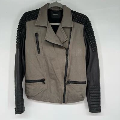 Chaqueta de moto Maison Scotch para mujer talla 1 pequeña de cuero de lona negra y verde Foto 1 de 4