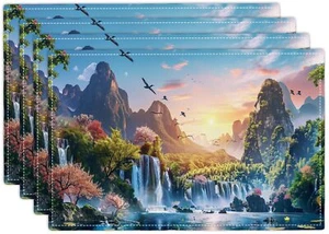 Nature Mountains Placemats Set of 4 Waterfall Table Mats River Landscape Plac... - Picture 1 of 7