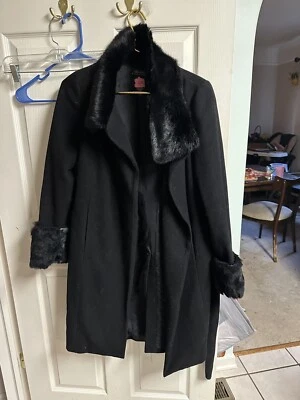 90s Wool Lord Taylor Jacket Coat Women's Black Rabbit Fur Collar Small 6 Tie - Image 1 of 4