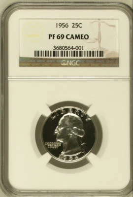 :1956-P S25C WASHINGTON QUARTER NGC QUASE PERFEITO PF 69 CAMEO RARO R4 NOTAS ALTAS - Imagem 1 de 4