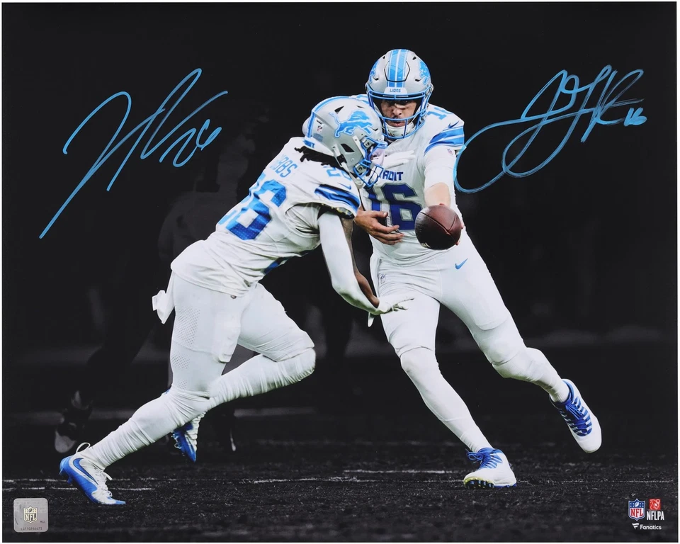 Jahmyr Gibbs and Jared Goff Lions Signed 16" x 20" Handoff Spotlight Photo - Image 1 of 1