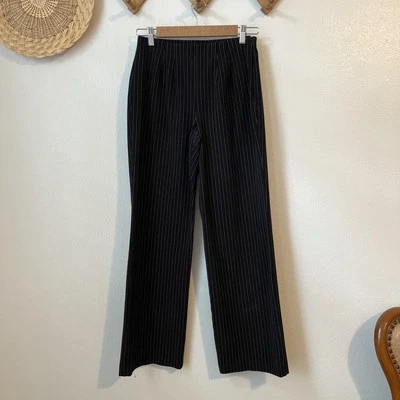 Y2k black gray stripe flat front stretch career pants straight leg 4 90s midrise - Image 1 of 4
