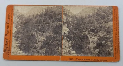 Tarjeta fotográfica Watkins Pacific Coast 2313 vista de los géiseres de Pluton's Creek vista estéreo Foto 1 de 4