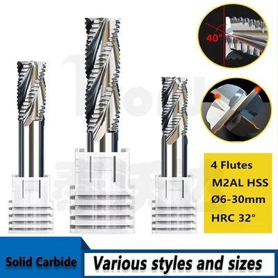 4 Flutes Spiral Rough End Mill High Speed Steel Milling Cutter HRC32° Dia 6-30mm - Image 1 of 4