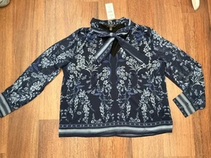 Lipsy London V Neck Pussy Bow Blue Sheer Long Sleeved Floral Top Size 14 BNWT - Picture 1 of 6