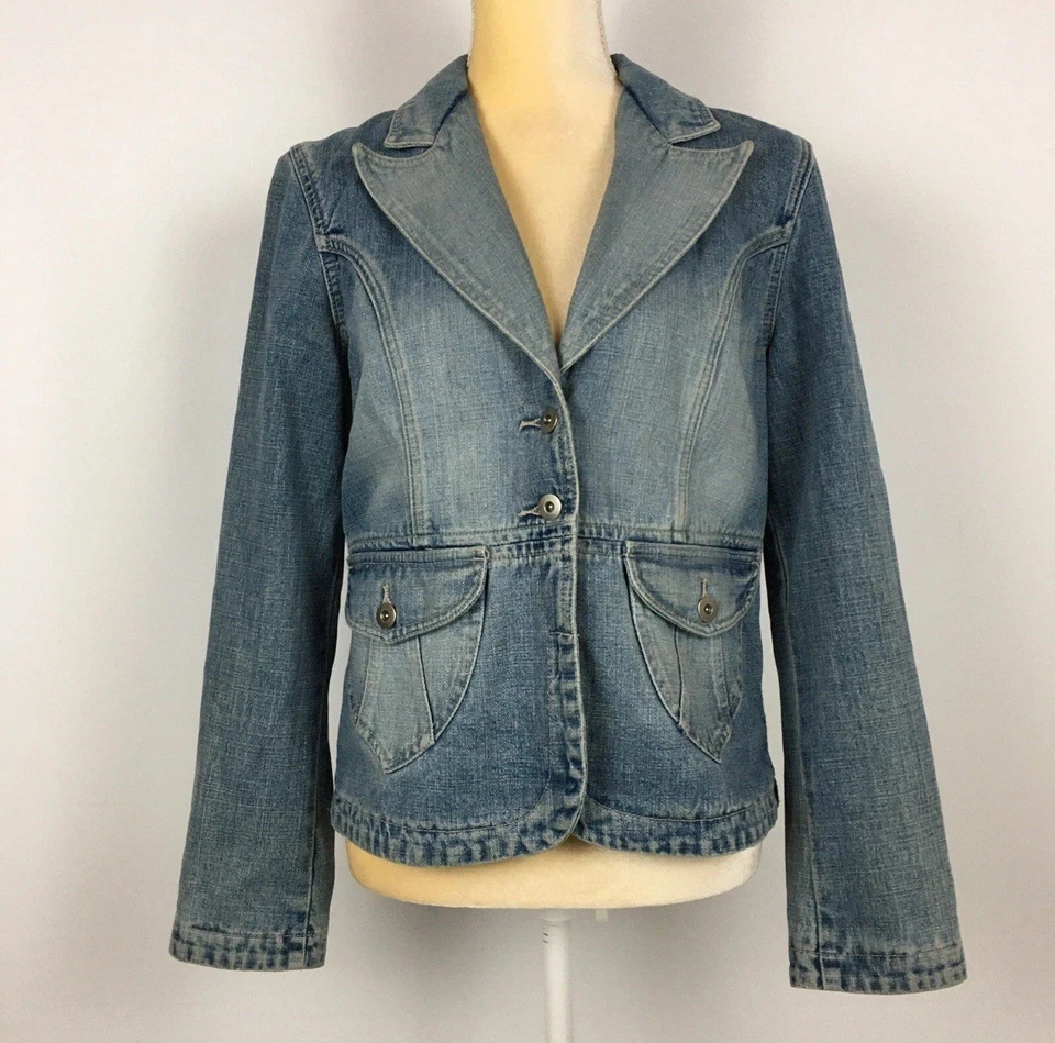 Vtg Y2K Mossimo Denim Blazer Jacket Notched Lapel Fitted Junior L Waist Belt  - Image 1 of 4
