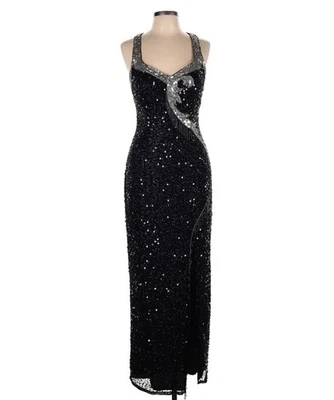 Vintage Mike Benet Formal Dress 1990’s Black Silver  Beaded Silk Gown Size 12 - Image 1 of 4